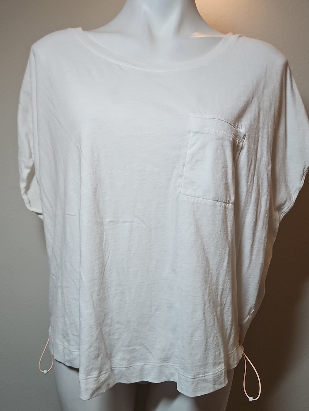 Athleta Large White Short-Sleeve Pocket Tee with Side Drawcords